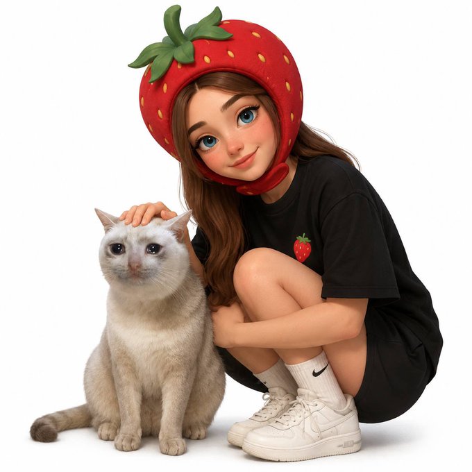 A girl wearing a strawberry hat squats beside a white cat while petting it. The image's cute, whimsical aesthetic contrasts with the post's message about the failed CASHCAT hype and the lessons learned from chasing short-lived narratives.
