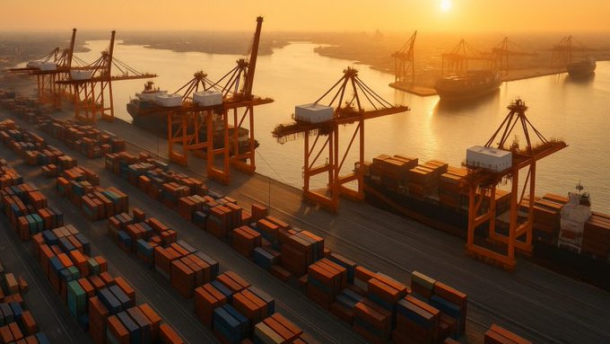 An aerial view of a shipping port at sunset with large cranes, stacked containers, and cargo ships on the water.