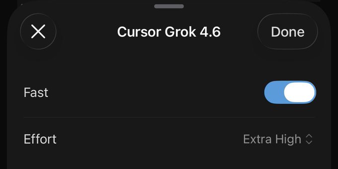 A dark-themed settings screen titled "Cursor Grok 4.6" with a toggle for "Fast" turned on and "Effort" set to "Extra High".