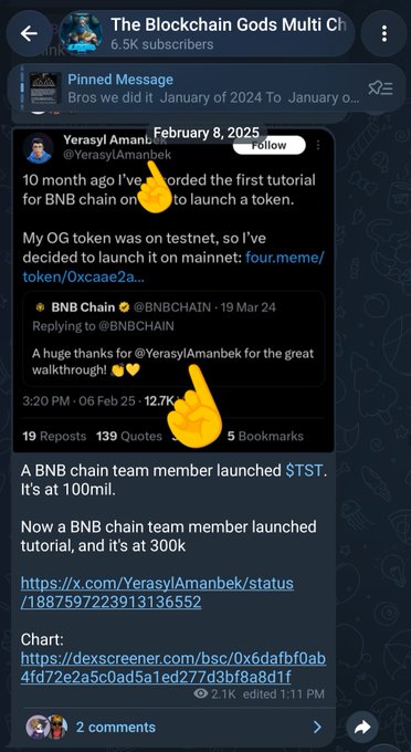 The image shows a screenshot from "The Blockchain Gods Multi Chain" Telegram channel featuring a pinned message and a post by @YerasylAmanbek highlighting his milestone of making his first tutorial for launching a token on BNB chain, which received recognition from BNB Chain's official account with 12.7K engagements, while accompanying text references the launch of $TUT ($tutorialtoken) as a project inspired by this BNB chain tutorial video.