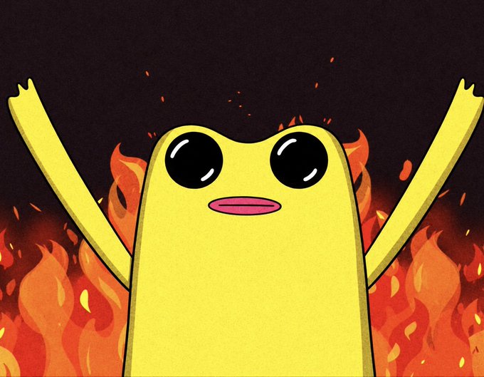 A cartoon yellow character with large black eyes and an open mouth stands with arms raised triumphantly amidst a dramatic backdrop of orange flames and rising embers against a dark sky, visually reinforcing the "Burning dev supply" theme by depicting a celebratory moment of tokens being destroyed.