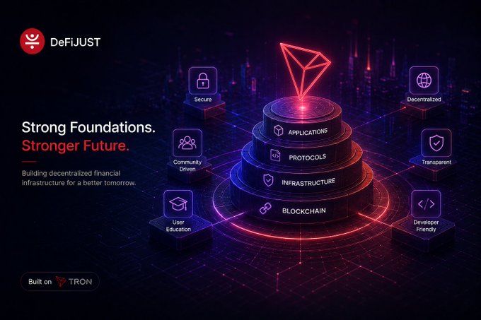 A promotional graphic for 'DeFiJUST' features a glowing 3D pyramid over blockchain layers with the tagline 'Strong Foundations. Stronger Future.' and notes it is 'Built on TRON'.
