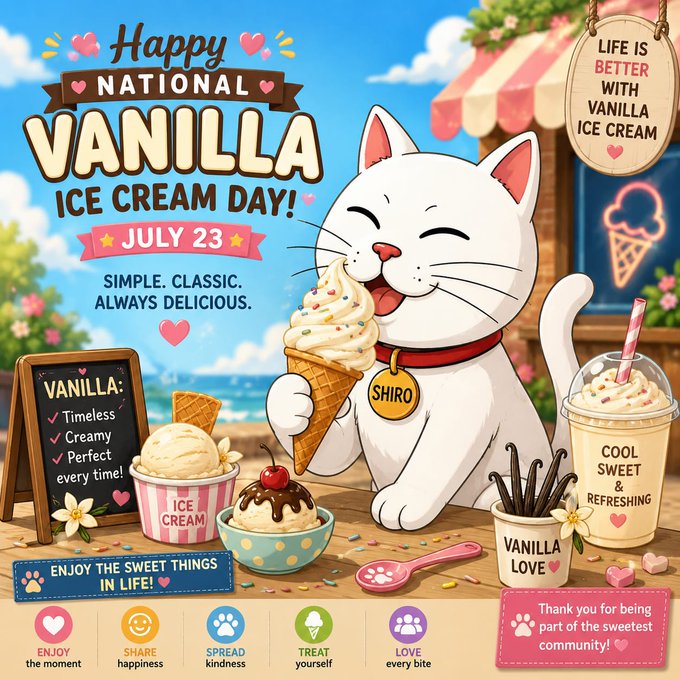 A cheerful cartoon cat named "SHIRO" wearing a red collar enjoys a vanilla ice cream cone with rainbow sprinkles at a beachside ice cream shop, celebrating "Happy National Vanilla Ice Cream Day - July 23" with text promoting "Life is Better with Vanilla Ice Cream." The festive poster features vanilla-themed treats, a chalkboard listing vanilla's qualities ("Timeless, Creamy, Perfect every time!"), and branded with $SHIRO tags like "Vanilla Love" and "Treat yourself," visually reinforcing the post's message about simple joys and kindness.