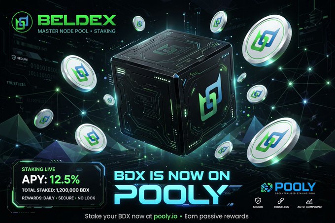 A promotional graphic for 'BELDEX' (BDX) staking on 'POOLY' advertising 'APY: 12.5%' and 'TOTAL STAKED: 1,200,000 BDX' with secure, trustless, and auto-compound features.