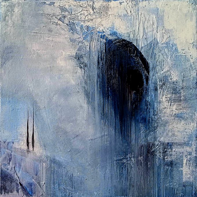 A moody abstract painting in muted blues and grays, featuring a dark, hooded figure emerging from textured brushstrokes, evoking the quiet, introspective stillness suggested by the title "Silence." The somber palette and solitary shrouded form visually reinforce the contemplative theme of the piece.