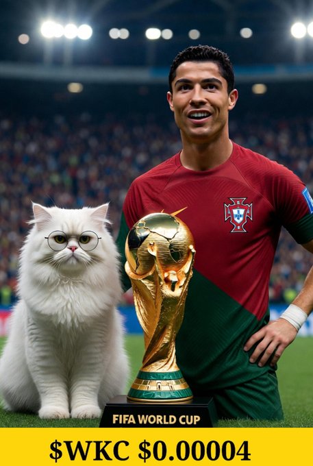 Soccer star Cristiano Ronaldo kneels beside a fluffy white cat wearing glasses, posing with the FIFA World Cup trophy while wearing a Portugal jersey, with text reading "FIFA WORLD CUP" on the trophy's base and "$WKC $0.00004" displayed at the bottom. The image humorously pairs the prediction of Ronaldo winning the World Cup with a target price of $0.00005 for the WikiCat ($WKC) cryptocurrency.