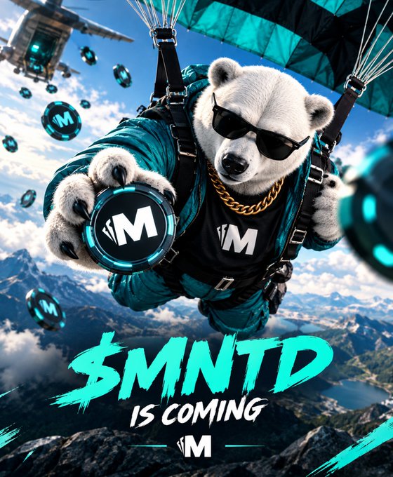 A promotional image of a polar bear wearing sunglasses and a parachute while holding an 'M' token, with text '$MNTD IS COMING' displayed below.