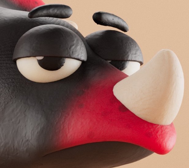 A close-up of a 3D-rendered cartoon rhino face featuring a prominent white horn, half-closed droopy eyes, and a black body with red-tinted skin around the snout.