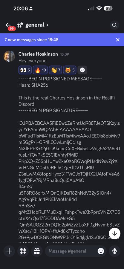 A Discord screenshot in the #general channel from Charles Hoskinson at 15:09, beginning with 'Hey everyone' and displaying a long PGP signed message with a SHA256 hash.