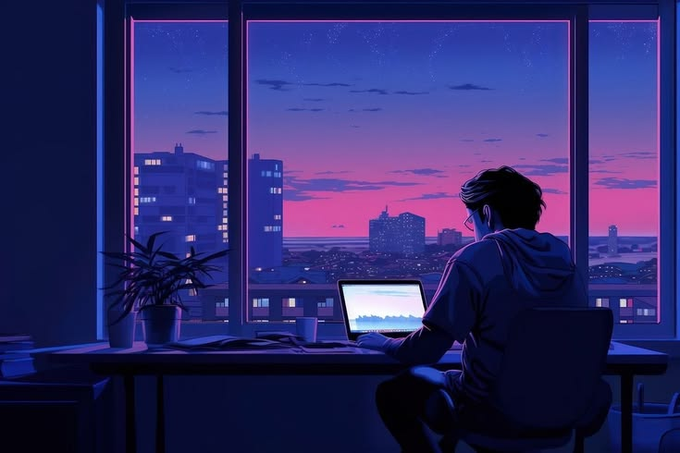An animated scene of a person wearing a hoodie working on a laptop by a window overlooking a city at sunset with pink and purple skies.