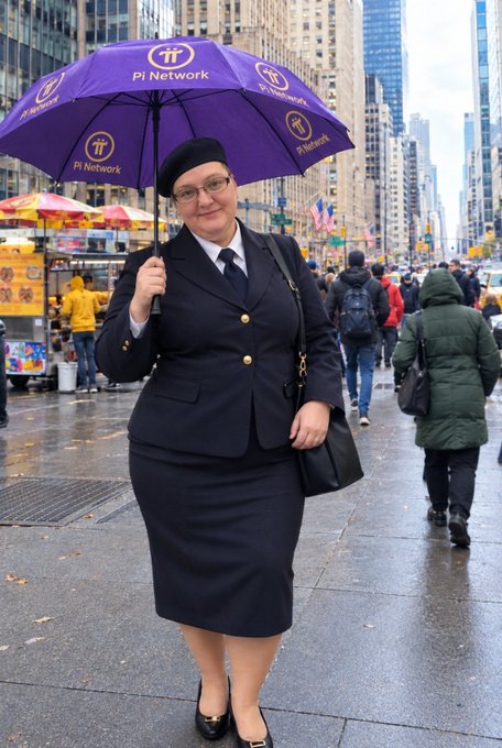 A woman in a black blazer, skirt, and cap holds a purple 'Pi Network' branded umbrella on a New York City street.