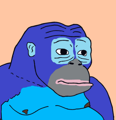 A cartoonish illustration of a blue gorilla with a light blue face and a large gray snout.