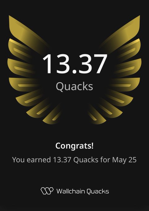 The image features a poster with an illustration of a bird's wing design, which is gold and black. The text on the poster congratulates users for earning 13.37 Quacks, indicating that they have completed a task or achieved something noteworthy. The poster also mentions that this achievement was celebrated at @wallchainQuacks, suggesting that it might be related to a social media platform or an online community where users can share and celebrate their accomplishments with others.
