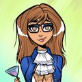 A cartoon character with brown hair and glasses wearing a blue blazer and white ruffled shirt, holding a martini glass with a martini emoji-style face.