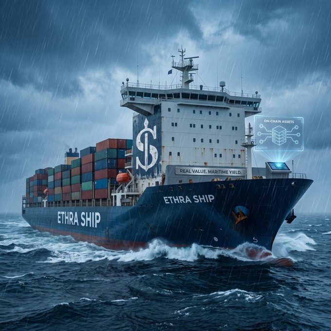 An AI-generated image of a large blue cargo ship named 'ETHRA SHIP' sailing through stormy seas in the rain, featuring a holographic 'ON-CHAIN ASSETS' display and the tagline 'REAL VALUE. MARITIME YIELD.'