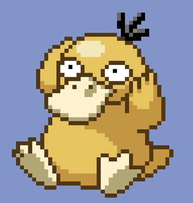 A pixel art Psyduck sits on a blue background with a black "X" hovering above its head, symbolizing confusion and poor decision-making—relating to the post's message about crypto investors who overthink and overtrade, underestimating fees and slippage while trying to control every move.