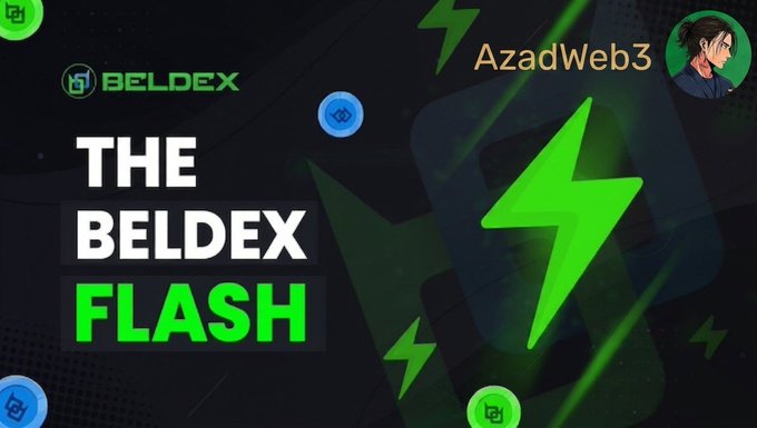 A promotional graphic for "The Beldex Flash" featuring the Beldex logo, green lightning bolt motifs, and the creator "AzadWeb3" in the top right corner, visually illustrating the post's discussion of Beldex's privacy-focused transaction system where fees are burned to accelerate payments.