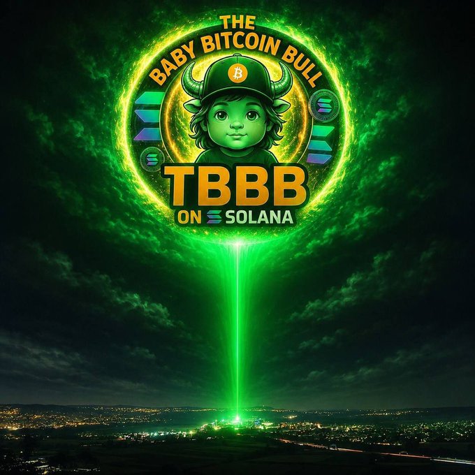 A promotional graphic for "THE BABY BITCOIN BULL" cryptocurrency token on Solana, featuring a cartoon bull mascot with horns and a Bitcoin cap shining a green beam of light over a cityscape at night, with the ticker "TBBB ON SOLANA" displayed.