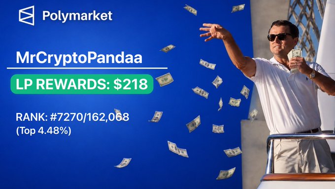 A promotional graphic for Polymarket shows a man in sunglasses tossing dollar bills from a yacht, celebrating the username "MrCryptoPandаа" with LP REWARDS: $218, RANK: #7270/162,068 (Top 4.48%). The image's flashy "money rain" imagery reinforces the post's message about passive LP rewards keeping the user in the top 5% for a potential airdrop, tied to Polymarket's new $1M liquidity rewards program.