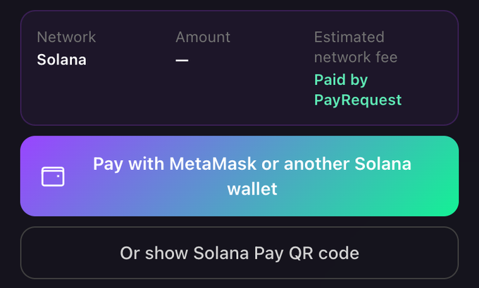 Cryptocurrency payment interface showing Solana network selected, with buttons to 'Pay with MetaMask or another Solana wallet' or 'show Solana Pay QR code'.