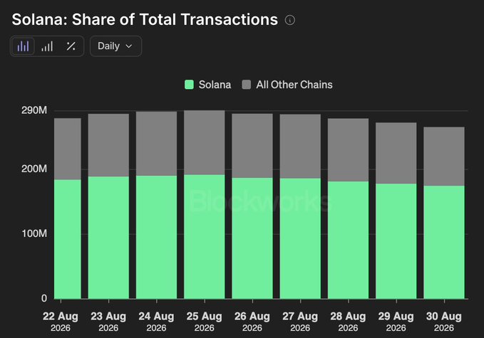 A bar chart titled 'Solana: Share of Total Transactions' from Blockworks, showing daily transaction volume from August 22-30, 2026, with Solana (green) consistently representing a large majority of total transactions across all chains.