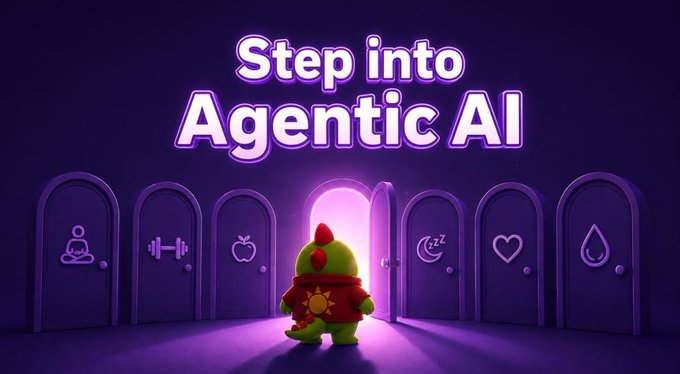 A 3D-rendered graphic with neon purple text reading "Step into Agentic AI" above a green dinosaur-like character standing before glowing doors, each marked with a different icon (meditation, fitness, apple, sleep, heart, water drop).