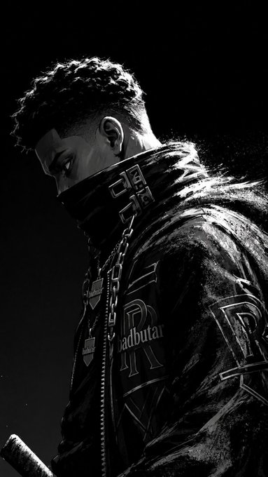 A dramatic black-and-white portrait shows a man in a leather jacket with a high collar, chains, and 'MR.' and 'abadbutar' lettering, looking down with a chain visible.