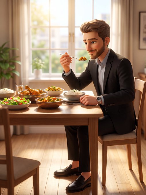 A 3D-style illustration of a bearded man in a suit sitting at a wooden dining table, smiling as he eats from a spoon, surrounded by various bowls of food.