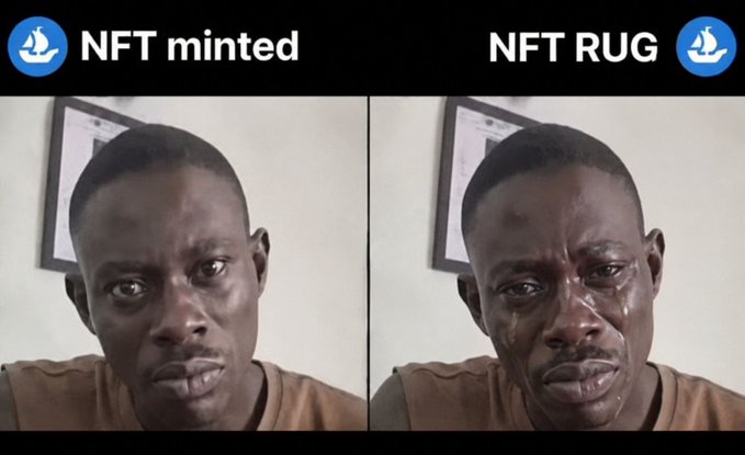 A meme featuring a split-screen comparison with the text '🌊 NFT minted' on the left showing a calm Khaby Lame, and 'NFT RUG' on the right showing him crying.