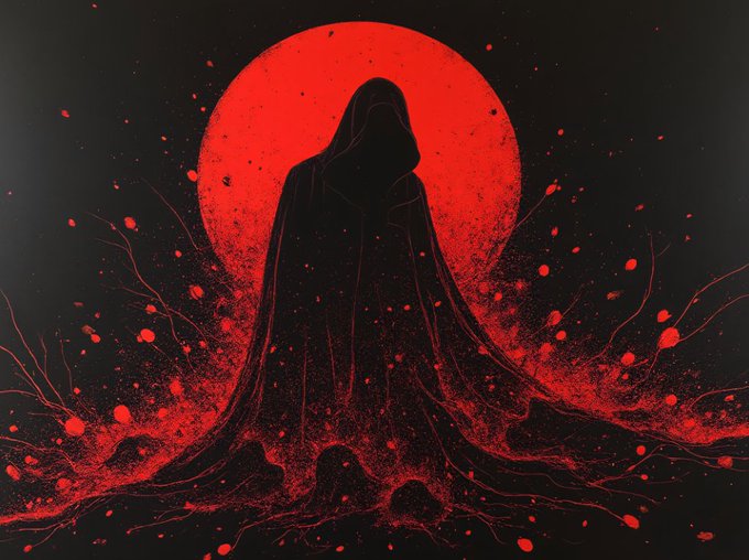 A dark, hooded figure stands silhouetted against a large red moon, with red splatters and tendrils spreading across the black background, creating an ominous, dramatic illustration.