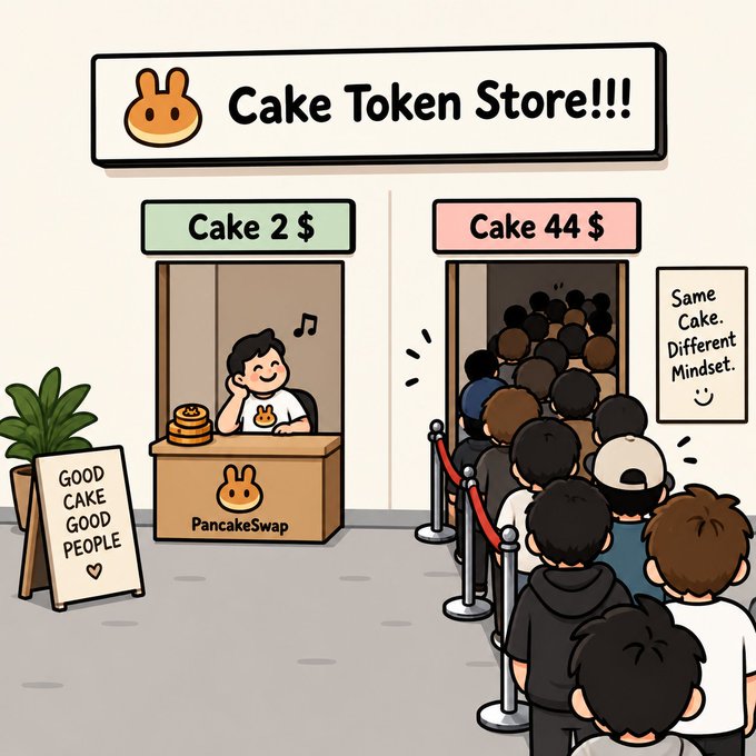 A cartoon depicting a 'Cake Token Store' with two counters: 'Cake 2 $' with no customers and 'Cake 44 $' with a long queue, captioned 'Same Cake. Different Mindset.' with a 'PancakeSwap' logo.