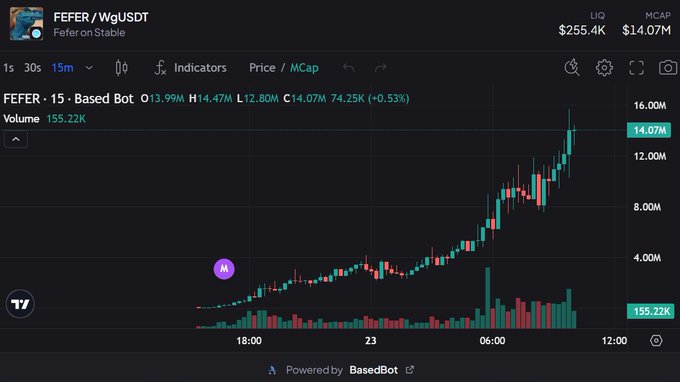 A candlestick price chart for the $FEFER/WgUSDT token on Fefer (Stable), showing an LIQ of $255.4K and MCAP of $14.07M.