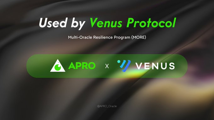 Promotional graphic featuring the headline "Used by Venus Protocol" with the "Multi-Oracle Resilience Program (MORE)" subtitle, displaying the APRO and Venus logos side-by-side, visually announcing APRO's partnership to provide price feeds for Venus Protocol's Binance bStocks tokens ($SKHYB, $NVDAB).