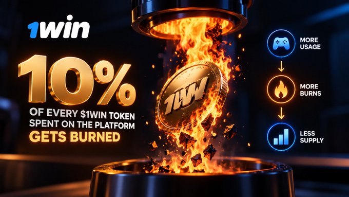 Promotional graphic for 1WIN cryptocurrency token, stating "10% of every $1WIN token spent on the platform gets burned," with illustrations of a flaming coin and icons showing "MORE USAGE," "MORE BURNS," and "LESS SUPPLY."