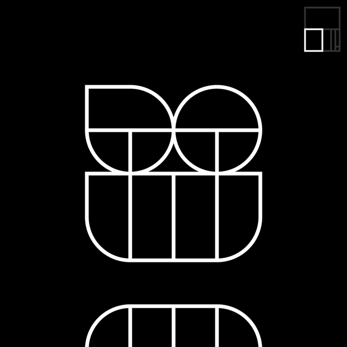A minimalist black logo featuring white geometric line art forming a stylized face or mask design.