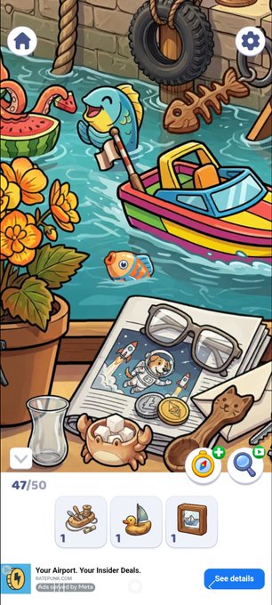 A mobile game screenshot showing a cartoon-style puzzle scene with a blue duck fishing from colorful boats, a fish, and various items including sunglasses, shells, and an hourglass at the bottom of the screen.