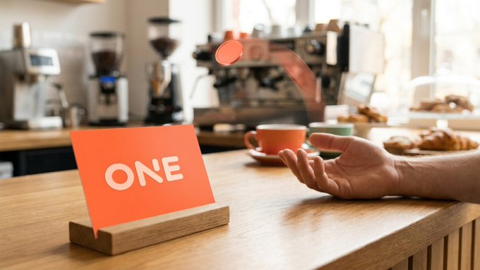 A hand drops a fee next to a bright orange card labeled "ONE" on a café counter, visually illustrating the loop described in the caption where a NEXUS product's fee cycles back to repurchase ONE each time.