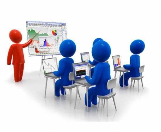 A red 3D figure presents financial charts and graphs to four blue 3D figures working on laptops, symbolizing a mentorship or training session. The image relates to the post by depicting a structured, educational approach to scaling one's trading or investment account under the guidance of $ANSEM.