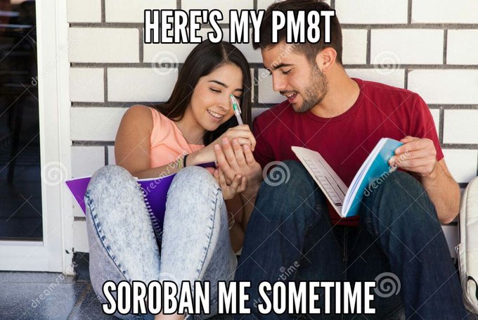 A meme image of a smiling couple studying together with text overlay reading 'HERE'S MY PM8T' at the top and 'SOROBAN ME SOMETIME' at the bottom, playing on bitcoin terminology.