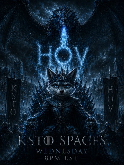 The image features a poster for a show called "HOV" with a cat sitting on a throne, wearing a crown. The poster also includes text that reads "KSTO SPACES" and "MONDAY 8PM EST".
