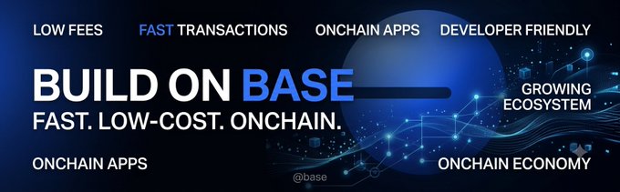A promotional banner reads 'BUILD ON BASE' and 'FAST. LOW-COST. ONCHAIN.' with the handle @base, highlighting features like 'LOW FEES' and 'GROWING ECOSYSTEM'.