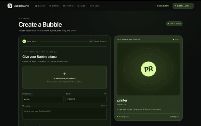 A 'BubbleCurve' platform interface showing a 'Create a Bubble' page where a user is setting up a new identity named 'printer' with the ticker $PRINTER.