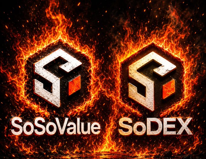 A fiery promotional graphic featuring the SoSoValue and SoDEX logos engulfed in flames with hexagonal backgrounds.