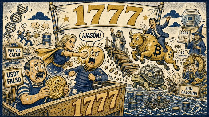 A colorful cartoon illustration featuring the year '1777' prominently, depicting various cryptocurrency and pop culture references including Bitcoin, USDT, and characters in action scenes.