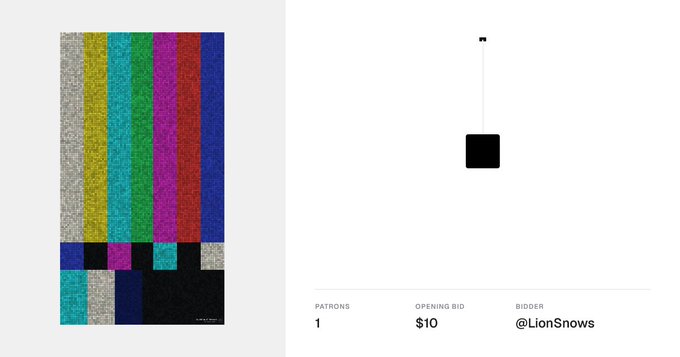 An artwork listing page showing colorful vertical striped art with '1' patron, a $10 opening bid from @LionSnows.