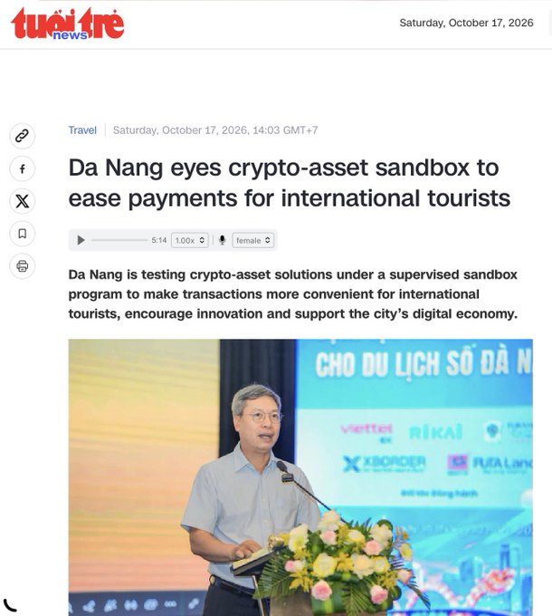 A tuoi tre news article titled "Da Nang eyes crypto-asset sandbox to ease payments for international tourists," dated Saturday, October 17, 2026, includes a photo of an official speaking at a podium.