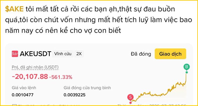 A Vietnamese social media post about '$AKE' with text mentioning losing all savings built over years, showing a trading chart for AKEUSDT with a massive loss of -20,107.88 (-561.33%).
