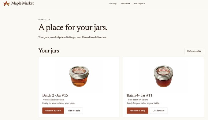 A screenshot of the Maple Market website showing 'A place for your jars' with two jars of maple syrup listed as Batch 2 - Jar #15 and Batch 4 - Jar #11, both available to redeem, ship, or sell.