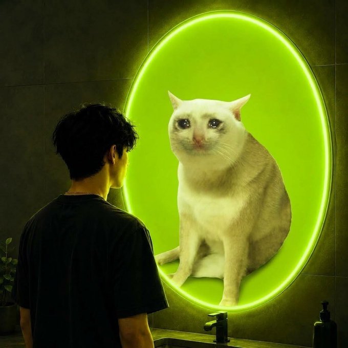 A man stands before a bathroom mirror that reveals an unusually large, wide-eyed white cat sitting inside a glowing green circle, fitting the "$CASHCAT" meme suggesting the cat is watching or present in everyone's reflection. The surreal feline apparition humorously personifies the post's claim that "$CASHCAT" is everywhere you look.