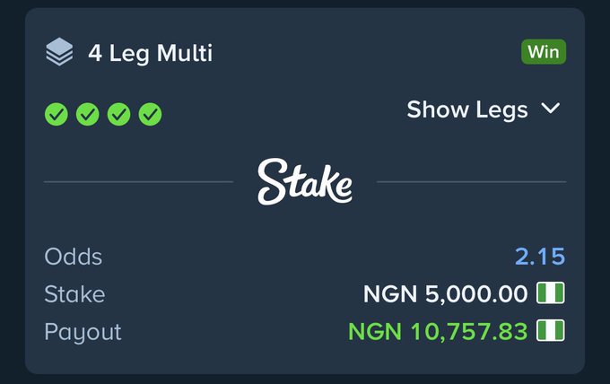 A Stake sports betting screenshot shows a winning 4 Leg Multi bet with all green checkmarks, odds of 2.15, a stake of NGN 5,000.00, and a payout of NGN 10,757.83.